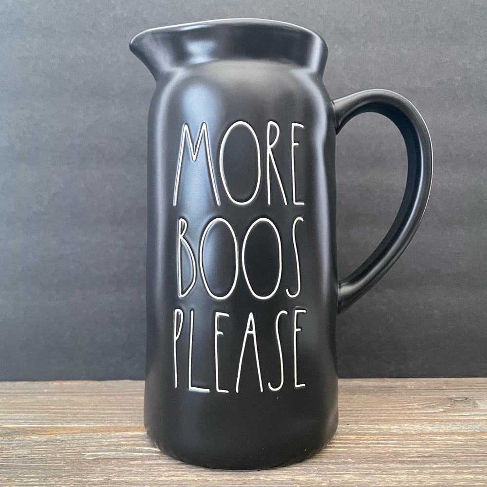 Rae Dunn MORE BOOS PLEASE Halloween Black Pitcher Green Inside NWT Magenta